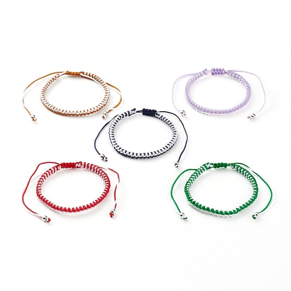 Adjustable Two Tone Nylon Cord Braided Bead Bracelets, with Platinum Plated Brass Round Beads