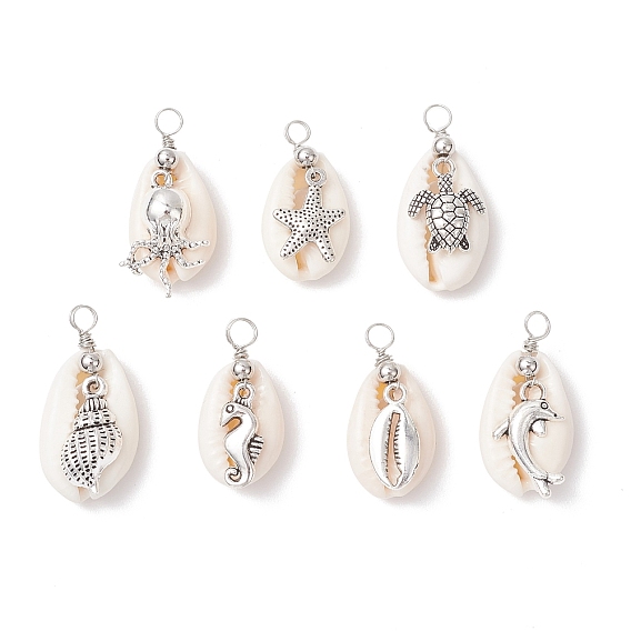 Подвески из натуральной ракушки каури и сплава с морскими животными, морские подвески с петлями из медной проволоки, античное серебро