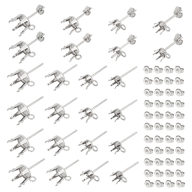 80 шт. 4 стиль 304 плоские круглые серьги-гвоздики из нержавеющей стали, оправы для сережек со стразами, с горизонтальными петлями и ушными гайками 80шт.