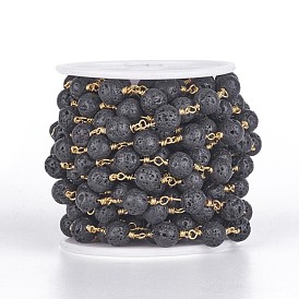 Chaînes de perles de pierre de lave naturelle à la main, non soudée, avec les accessoires en laiton, avec bobine, ronde