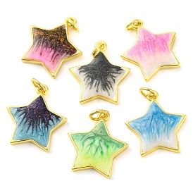 Brass Enamel Pendants, with Glitter and Jump Ring, Long-Lasting Plated, Real 18K Gold Plated, Star Charm