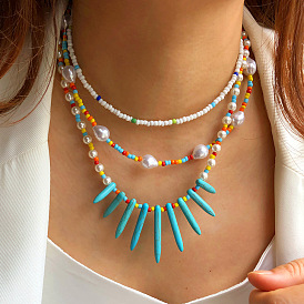 Multilayered Pearl Turquoise Collarbone Necklace - Colorful Beaded Necklace for Women.