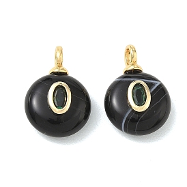 Pendentifs en agate noire rubanée naturelle (teinte et chauffée), breloques en forme de pièce de monnaie avec sertissage en micro-pavé de zircone cubique en laiton, crémaillère plaquage, plaqué longue durée, sans plomb et sans cadmium