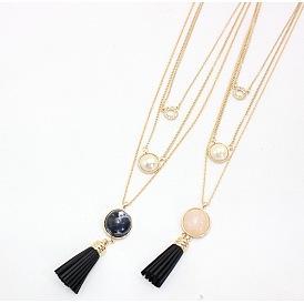 Triple Layer Natural Stone Pearl Inlaid Round Pendant Necklace with Long Leather Cord
