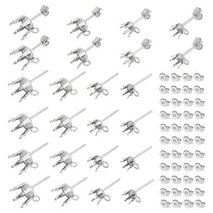 80 шт. 4 стиль 304 плоские круглые серьги-гвоздики из нержавеющей стали, оправы для сережек со стразами, с горизонтальными петлями и ушными гайками 80шт.