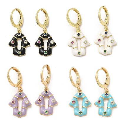 Hamsa main véritable 18k boucles d'oreilles créoles en laiton plaqué or, avec la zircone cubique et émail