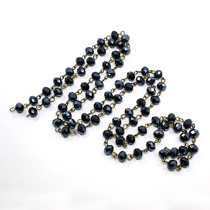 Handmade Glass Faceted Rondelle Beads Chains, with  Iron Eye Pin, Unwelded, Antique Bronze, 8mm, about 39.37 inch(1m)/strand