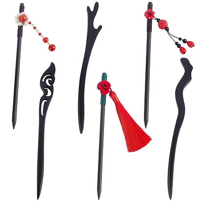 6Pcs 6 Style Wood Hair Stick Findings