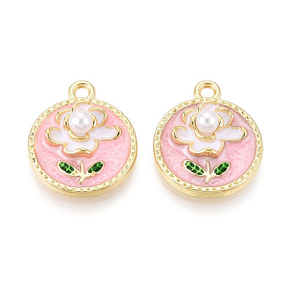 Стойки обшивки сплава эмали подвески, плоские круглые и цветок, с абс пластмассовой имитационной жемчужиной, без кадмия и без свинца, золотой свет