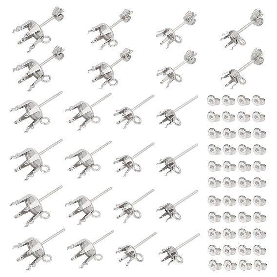 80 шт. 4 стиль 304 плоские круглые серьги-гвоздики из нержавеющей стали, оправы для сережек со стразами, с горизонтальными петлями и ушными гайками 80шт.