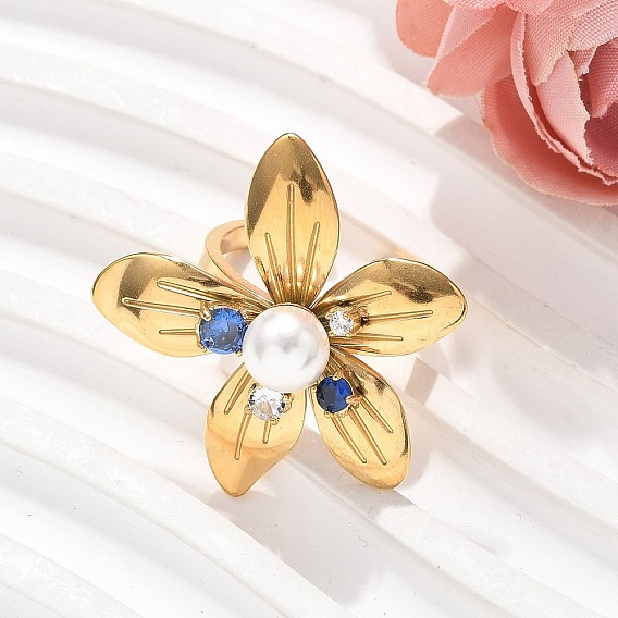 304 из нержавеющей стали Манжета кольца для женщин, цветок, с фианитами и пластиковыми бусинами