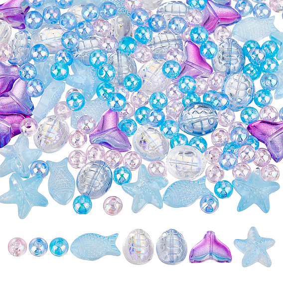 Комплекты фурнитуры из прозрачных стеклянных и акриловых бусин, окрашенных распылением, разнообразные