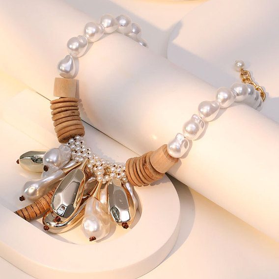 Подвеска в форме капли с искусственным жемчугом и пластиком CCB, ожерелья из натурального кокоса и дерева, с концевыми цепями из сплава, золотые