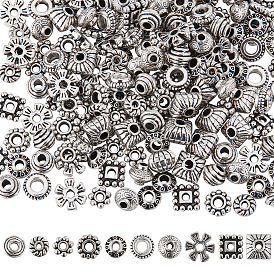 200 шт 10 стиль бусины-распорки сплава тибетского стиля, плоский круглый, двухконусный и цветочный, разнообразные