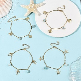 Ocean 304 Stainless Steel Sea Animals and Natural Larimar Chip Charm Anklets for Women, Mixed Shapes