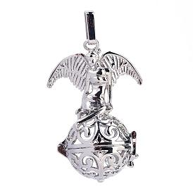 Rack Plating Brass Cage Pendants, For Chime Ball Pendant Necklaces Making, Hollow Round with Angel