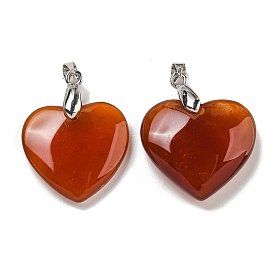 Dyed & Heated Natural Carnelian Pendants, Heart Charms, with Rack Plating Platinum Tone Brass Findings, Cadmium Free & Lead Free