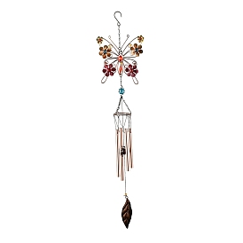 Iron Wind Chimes, Small Wind Bells Handmade Pendants, with Brass Tubes, Glass Rhinestone and Acrylic Beads, Butterfly