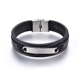 Leather Cord Multi-strand Bracelets, with 201 Stainless Steel Clasp, Rectangle