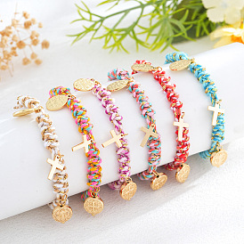 Латунь шарм браслеты, Браслеты из плетеного хлопкового шнура для женщин, овальный с изображением католической Богоматери и косы и плоский круглый