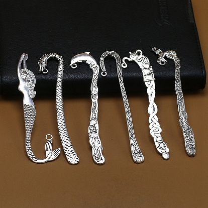 Tibetan Style Alloy Bookmark Hairpin Hook Carved Findings, Vintage Hook Pendant Charm Book Marker for Book Lovers, Antique Silver, Hummingbird/Bottle/Dragon/Animal