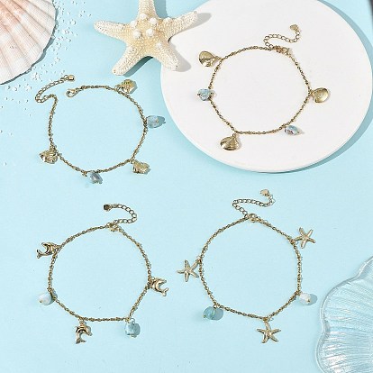 Ocean 304 Stainless Steel Sea Animals and Natural Larimar Chip Charm Anklets for Women, Mixed Shapes