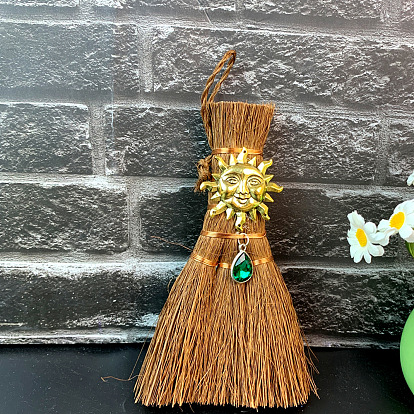 Wood Wicca Broom Car Hanging Decoration, with Alloy Decoration and Teardrop Glass Charm