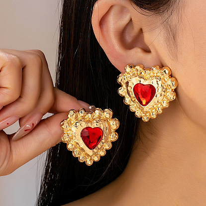 Alloy Rhinestone Stud Earrings for Women, Heart