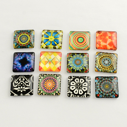 Floral Pattern Glass Flatback Square Cabochons, for DIY Projects