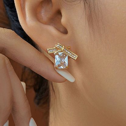 Серьги-гвоздики с бантом из латуни с прозрачным кубическим цирконием