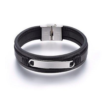 Leather Cord Multi-strand Bracelets, with 201 Stainless Steel Clasp, Rectangle