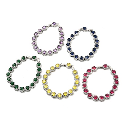 Rack Plating Brass Flat Round Links Bracelets with Glass for Women, Platinum
