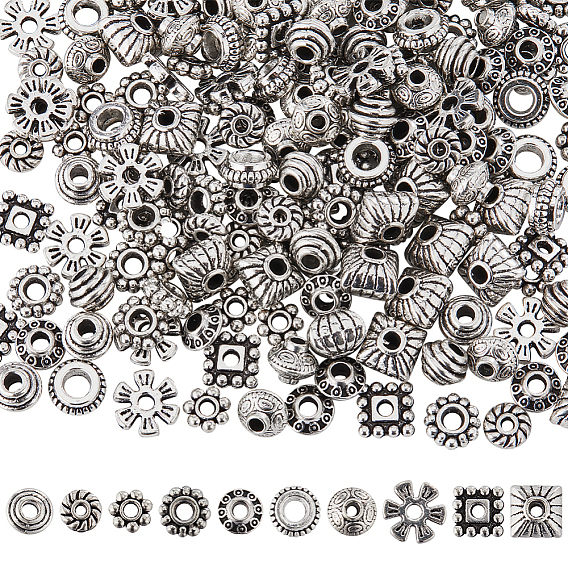 200 шт 10 стиль бусины-распорки сплава тибетского стиля, плоский круглый, двухконусный и цветочный, разнообразные