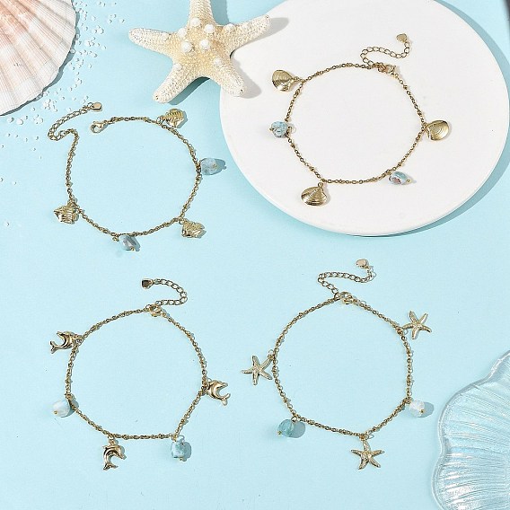 Océan 304 Bracelets de cheville pour femmes, ornés de breloques en acier inoxydable représentant des animaux marins et des éclats de larimar naturel, formes mixtes
