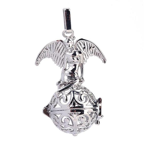 Rack Plating Brass Cage Pendants, For Chime Ball Pendant Necklaces Making, Hollow Round with Angel