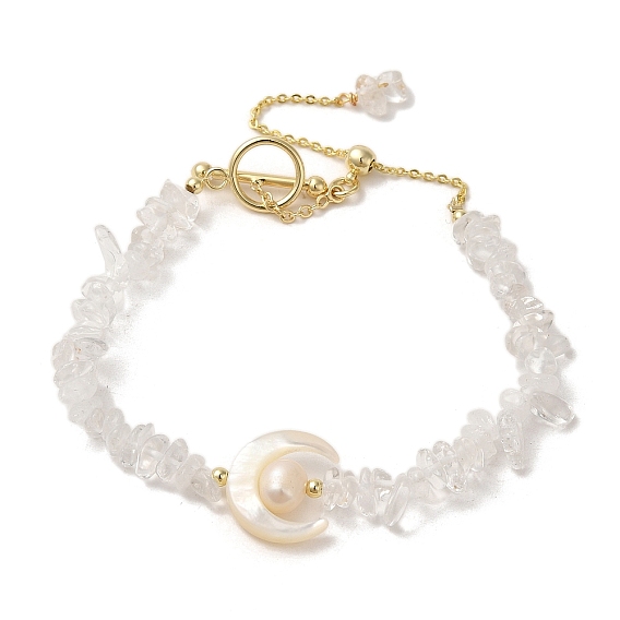 Crescent Mooon Natural Quartz Crystal & Shell & Pearl Beaded Bracelets, with Brass Clasps