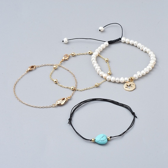 Ensembles de bracelets, avec cordon en nylon, perles de turquoise synthétiques, perles et découvertes en laiton