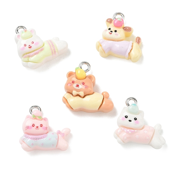 Running Animal Theme Printed Opaque Resin Pendants, Mixed Shapes Charms, with Platinum Iron Loop