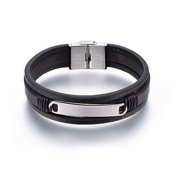 Leather Cord Multi-strand Bracelets, with 201 Stainless Steel Clasp, Rectangle