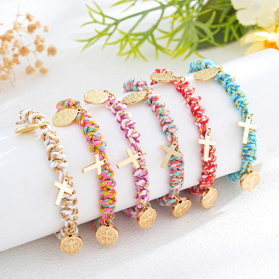 Латунь шарм браслеты, Браслеты из плетеного хлопкового шнура для женщин, овальный с изображением католической Богоматери и косы и плоский круглый