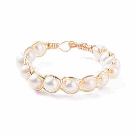 Natural Pearl Braided Finger Ring, Wire Wrapped Ring for Women, Golden