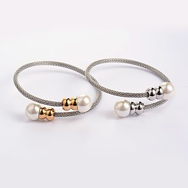304 Stainless Steel Bangles, with Acrylic Pearl, 59x57mm, 3~9mm