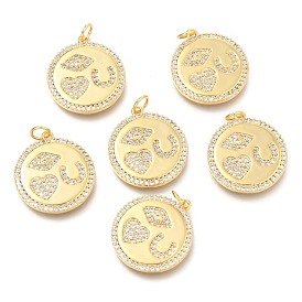 Brass Micro Pave Clear Cubic Zirconia Pendants, with Jump Rings, Flat Round with Eye & Heart & You