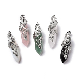 Gemstone Pendants, with Platinum Tone Brass Findings, Cadmium Free & Lead Free, Double Terminal Pointed Bullet with Feather