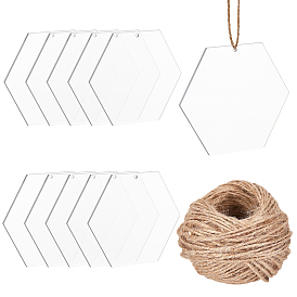 BENECREAT Hexagon Transparent Acrylic Big Pendants, with Jute Twine