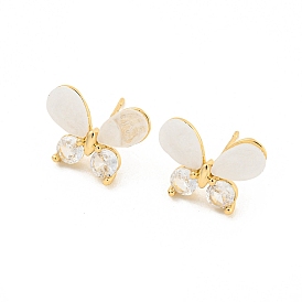 Brass Micro Pave Cubic Zirconia Stud Earring, with Acrylic Finding, Butterfly