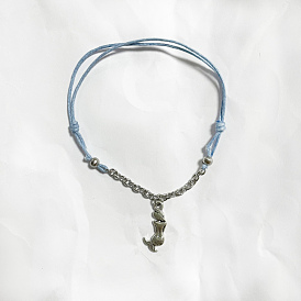 Tibetan Style Alloy Mermaid Charm Bracelets, with Waxed Cotton Cord and 304 Stainless Steel Cable Chains, Light Blue