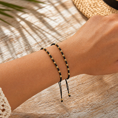 Round Brass Braided Bead Bracelet Sets for Women Men, Adjustable Stackable Bracelets