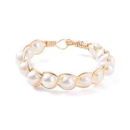 Natural Pearl Braided Finger Ring, Wire Wrapped Ring for Women, Golden