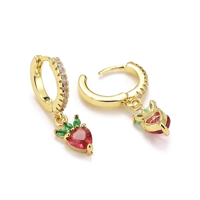 Rack Plating Brass Micro Pave Cubic Zirconia Huggie Hoop Earrings, Dangle Earrings, Long-Lasting Real 18K Gold Plated, Lead Free & Cadmium Free, Strawberry